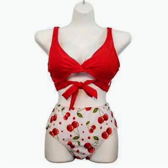 DRESSFO Red and White Cherry Print Bikini Set Size XL Vacation High Rise/Waisted - Picture 2 of 4